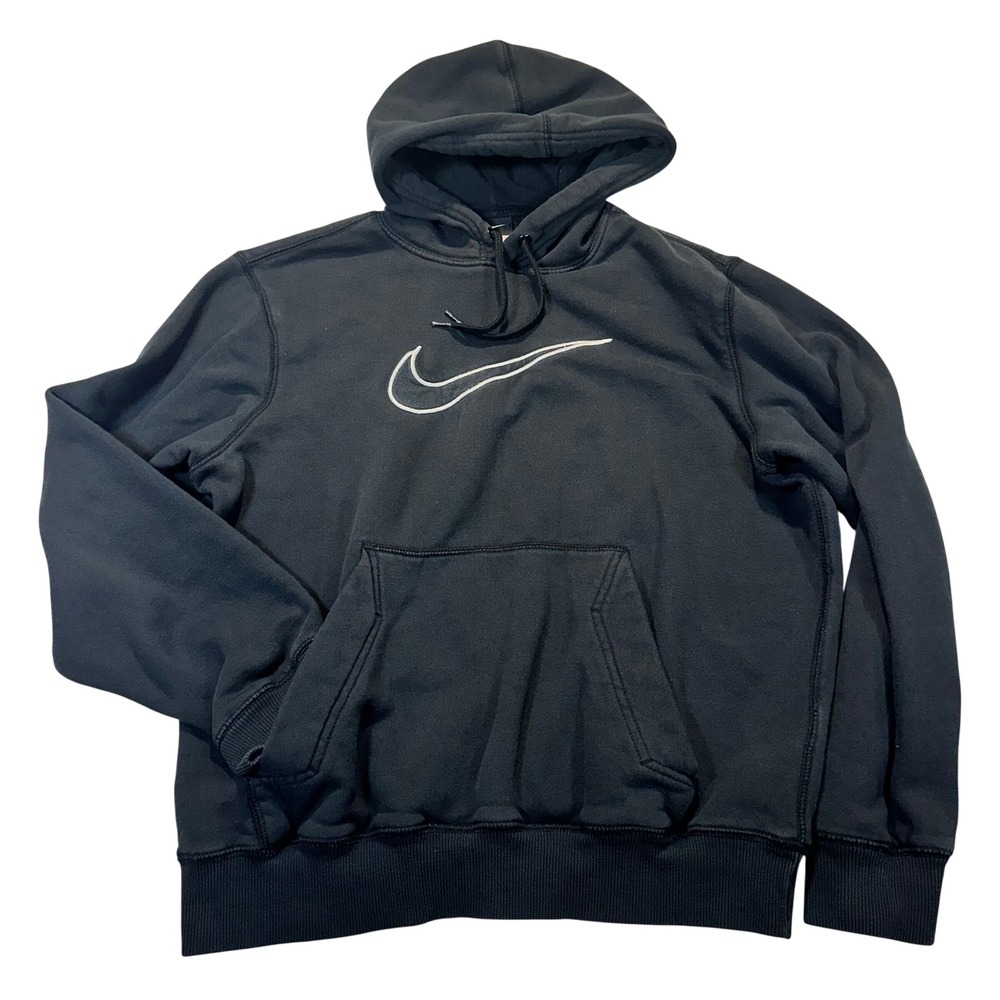 Nike Mens Hoodie Black Embroidered Swoosh Pullover Fleece Sweatshirt Medium